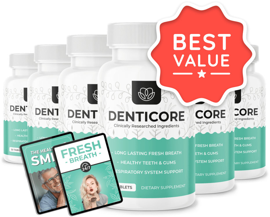 "DentiCore supplement bottle – natural ingredients for cavity prevention"