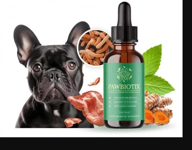 PawBiotix bottle beside playful dog – daily probiotic for pet wellness
